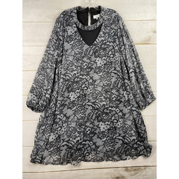 Robbie Bee Dress Womens 24W Black Floral Keyhole Lined Slit Sleeve Flowy Boho - Picture 1 of 10